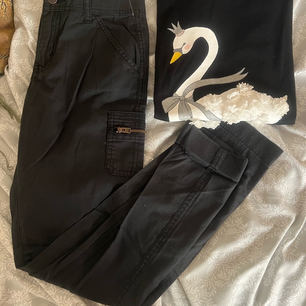 Black Pants with Swan Embroidery